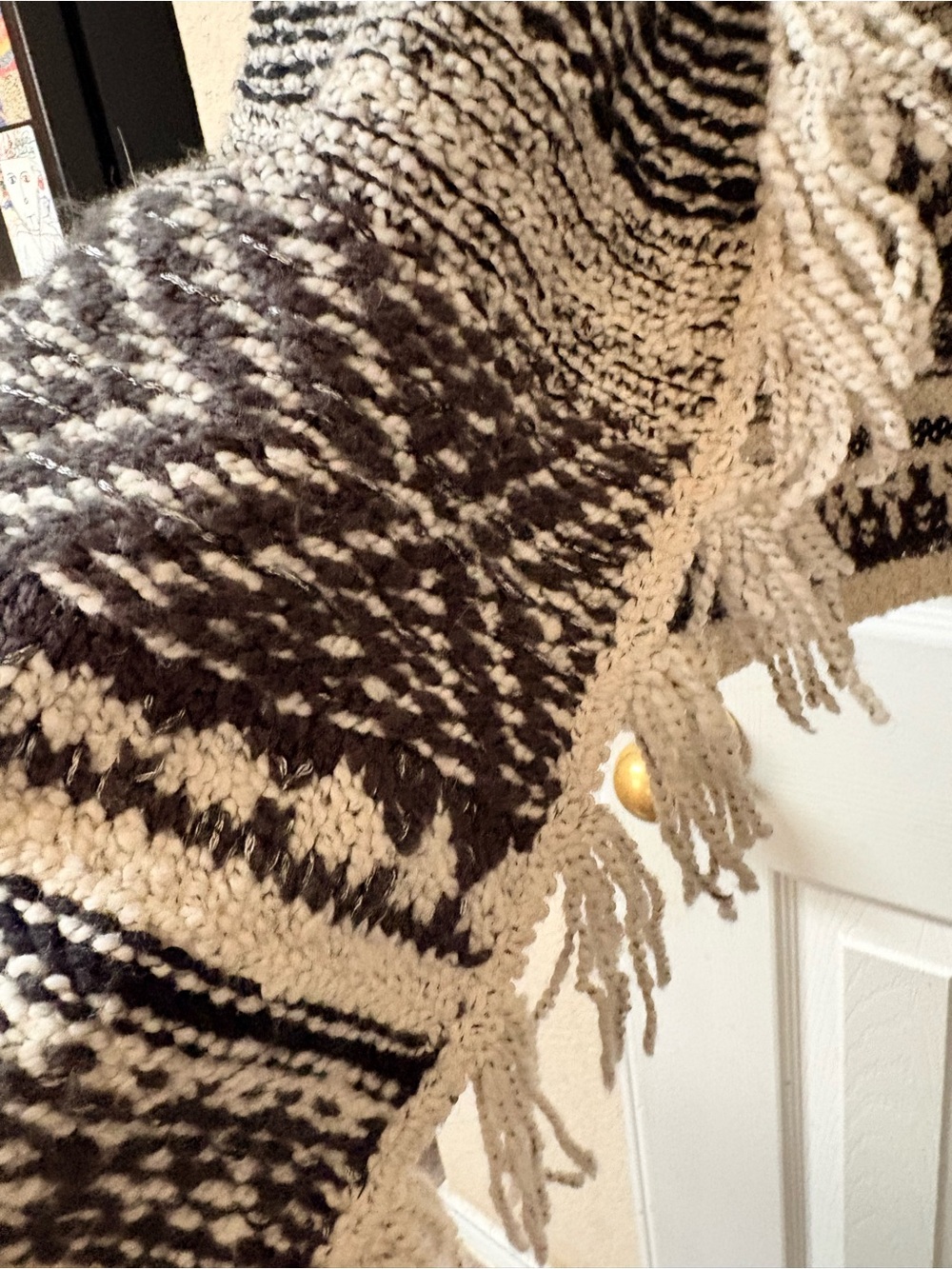 J. Jill Black & Ivory Cream Fringed Open-Front Wool Blend Cardigan Fringe XL - Picture 7 of 7